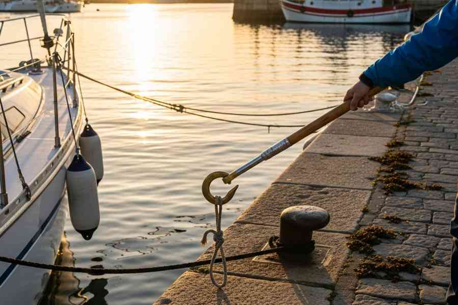 Uso de un bichero para amarrar un barco